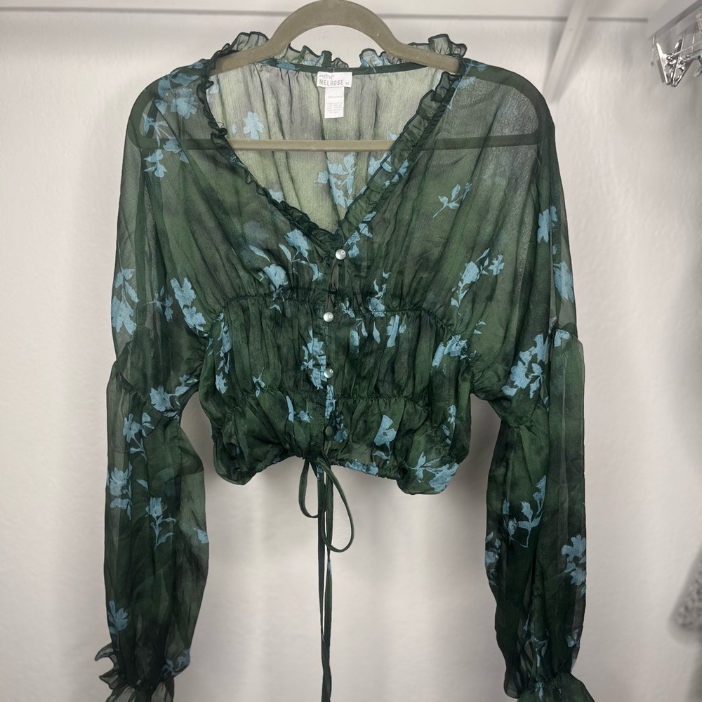 West of Melrose Sheer Floral Crop Blouse XS Green Boho Peasant Tie Waist Ruffle